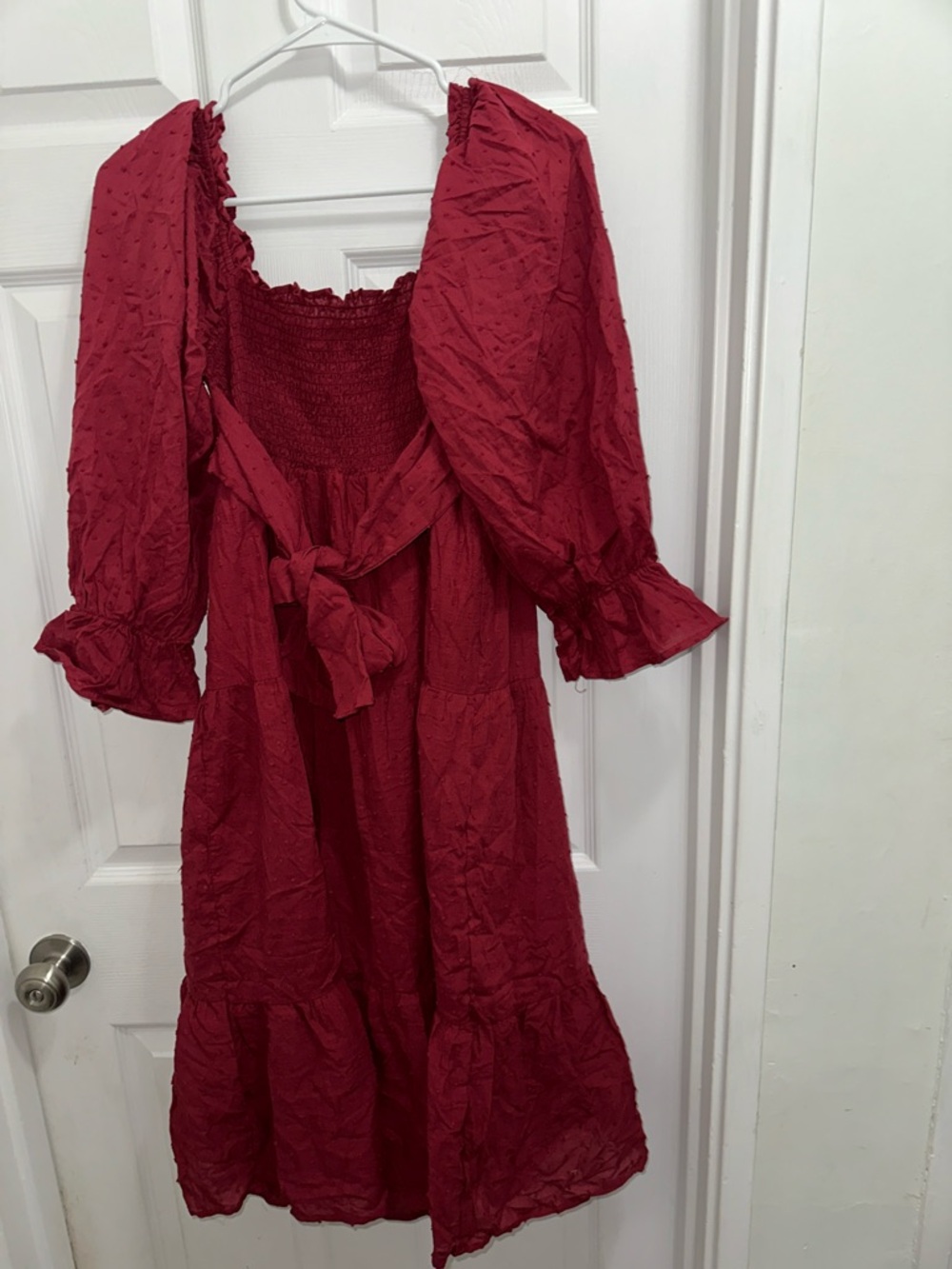 R. Vivimos Smocked Puff-Sleeve Midi Dress in Deep Red - Picture 4 of 4